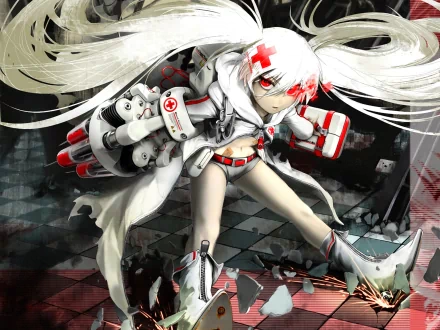 HD anime desktop wallpaper featuring White Rock Shooter, a dynamic character with white hair and futuristic armor, set against a dark, textured background.