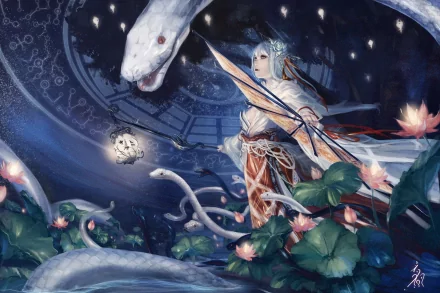 A fantasy scene featuring a figure in an ornate outfit, wielding a fan, amidst a mystical garden with snakes and blooming flowers, all set against a dreamy, starry backdrop.