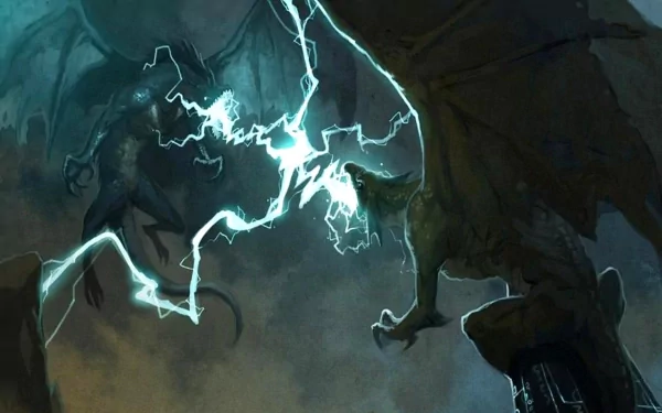 HD fantasy desktop wallpaper depicting two dragons clashing with lightning sparks in a dark, stormy atmosphere.