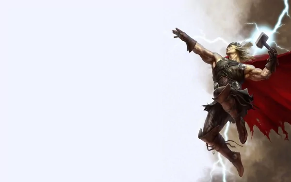 HD PC desktop wallpaper featuring a dynamic comic-style Thor wielding his hammer amid lightning and stormy clouds.