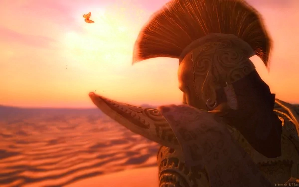HD desktop wallpaper featuring a character wearing Ordinator armor from the video game The Elder Scrolls III: Morrowind against a sunset desert backdrop.