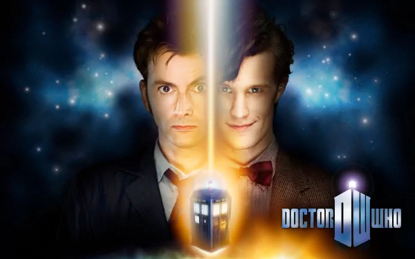A vibrant HD wallpaper featuring Matt Smith and David Tennant from the TV show Doctor Who, showcasing the TARDIS and a cosmic background.