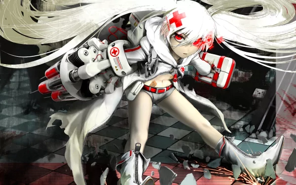 HD anime desktop wallpaper featuring White Rock Shooter, a dynamic character with white hair and futuristic armor, set against a dark, textured background.