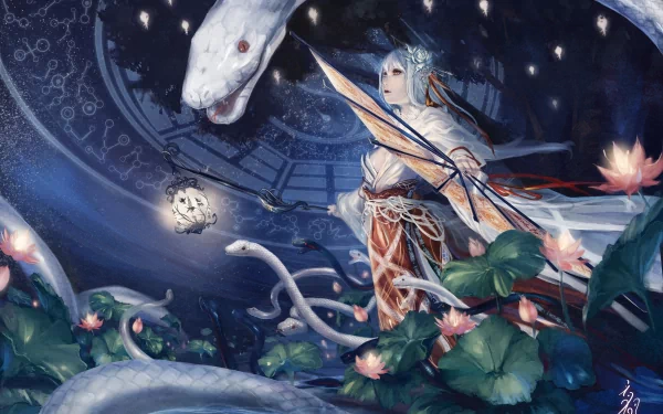 A fantasy scene featuring a figure in an ornate outfit, wielding a fan, amidst a mystical garden with snakes and blooming flowers, all set against a dreamy, starry backdrop.