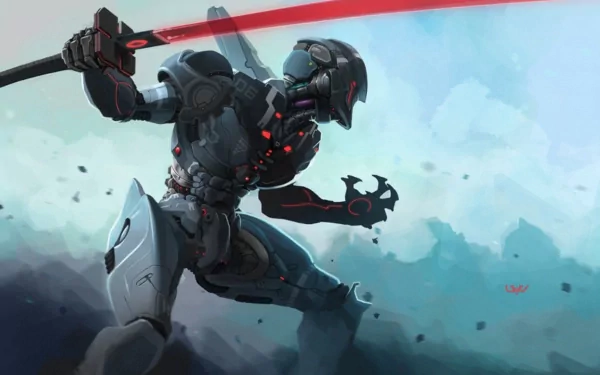 HD desktop wallpaper of a Sci-Fi cyborg warrior wielding a glowing red sword, poised for battle against a cloudy sky.