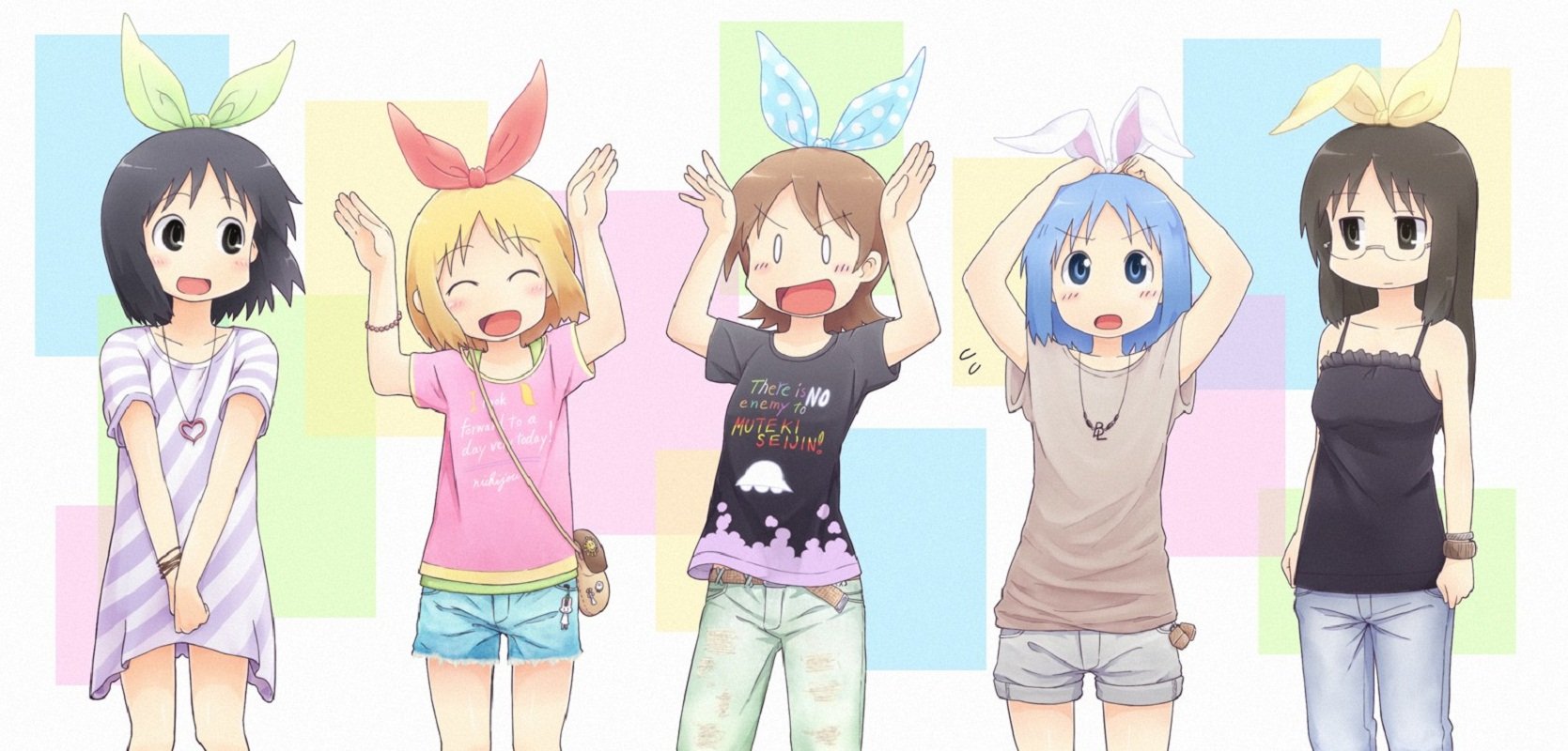 HD anime wallpaper featuring cheerful girls from Nichijō posing with colorful bunny-ear headbands against a pastel background, designed for PC desktop use.