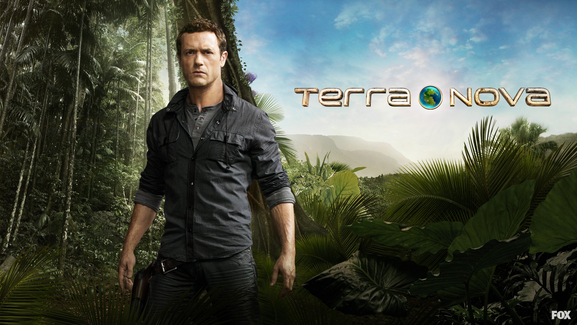 HD desktop wallpaper featuring Jason O'Mara as Jim Shannon from the TV show Terra Nova, set against a lush jungle background.