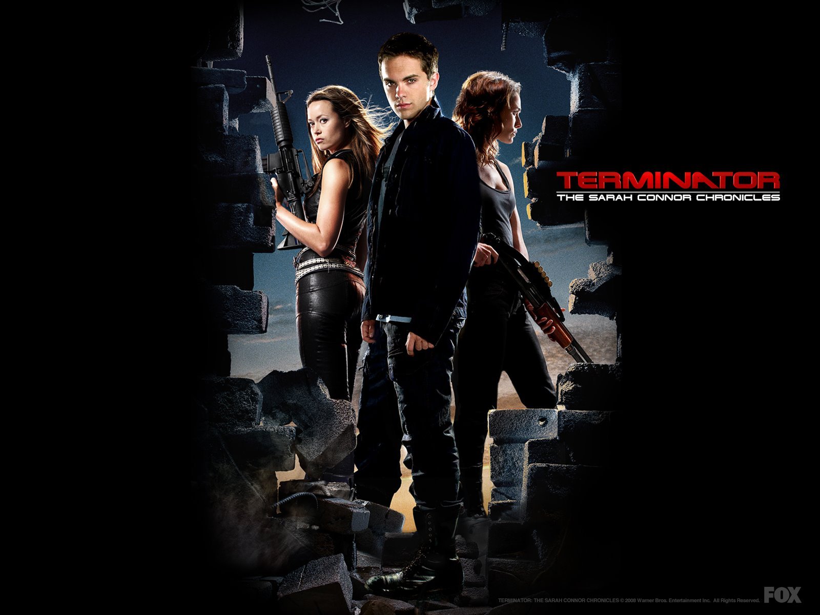 HD desktop wallpaper featuring Cameron Phillips, John Connor, and key cast members Summer Glau, Lena Headey, and Thomas Dekker from the sci-fi TV show Terminator: The Sarah Connor Chronicles.