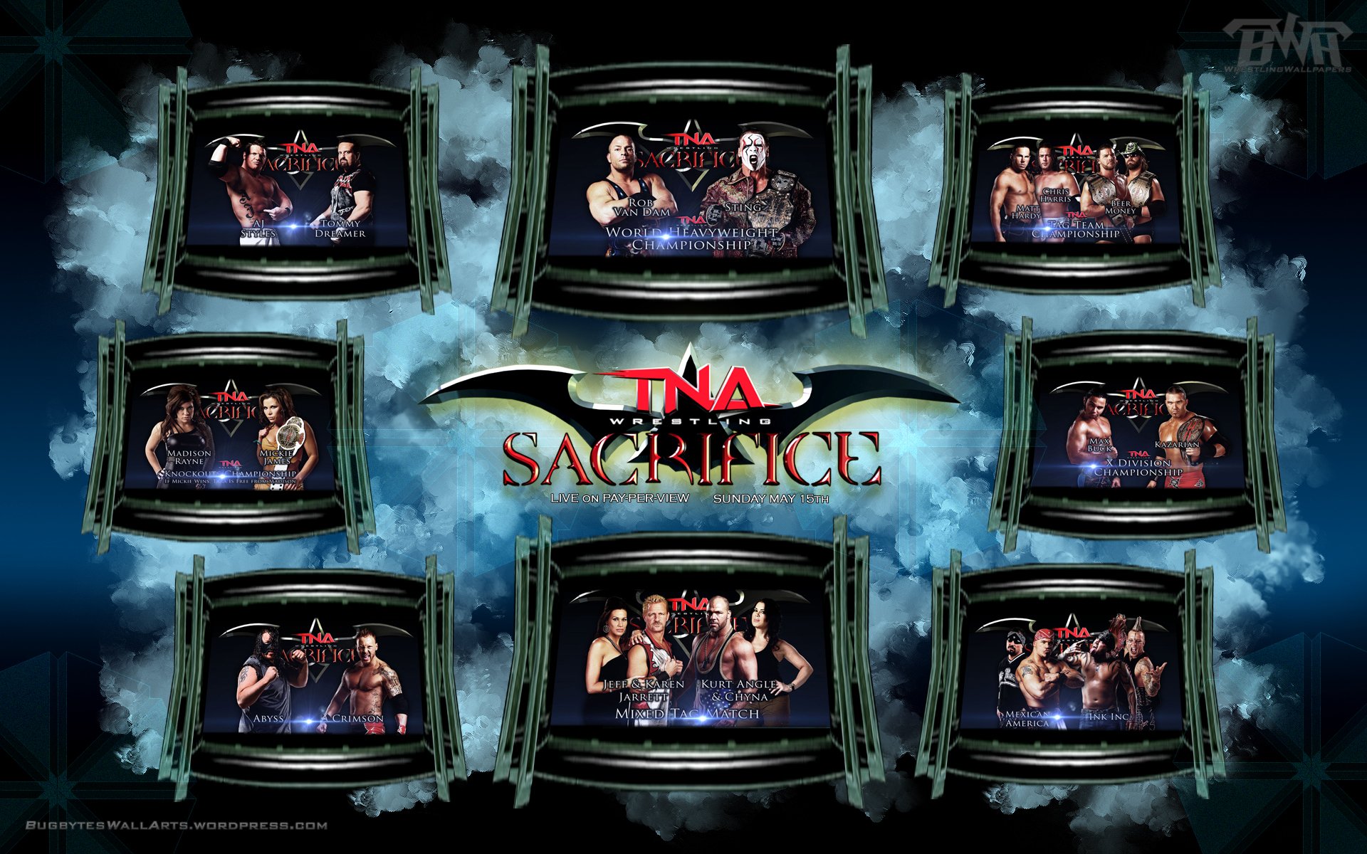 HD desktop wallpaper featuring dynamic TNA wrestling action, showcasing iconic matches and wrestlers. Vibrant design highlights the excitement of sports entertainment.