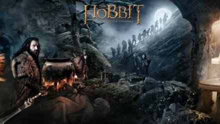 HD PC desktop wallpaper featuring a dark, atmospheric scene from the movie The Hobbit: An Unexpected Journey with characters and the film’s logo.