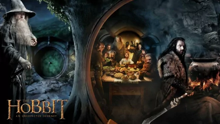HD PC desktop wallpaper from the movie The Hobbit: An Unexpected Journey, featuring a cozy hobbit hole interior and characters preparing for a feast.