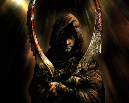 HD desktop wallpaper and background featuring a character from the video game Prince of Persia, displaying a dark, mysterious figure in a hood wielding two intricately designed swords.