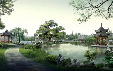 Scenic HD desktop wallpaper of an oriental lake in China featuring serene water, traditional religious pagodas, lush greenery, and a peaceful pathway.