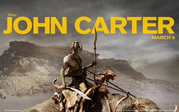 HD desktop wallpaper featuring a creature from the movie John Carter, set against a rugged desert landscape with the film’s title and release date in bold yellow text.