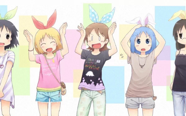 HD anime wallpaper featuring cheerful girls from Nichijō posing with colorful bunny-ear headbands against a pastel background, designed for PC desktop use.