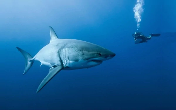 HD desktop wallpaper showing a great white shark swimming underwater near a scuba diver, inspired by the Oceans movie, capturing the vast ocean and marine nature.