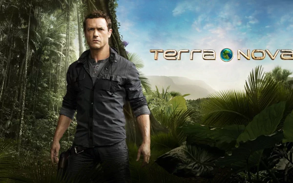 HD desktop wallpaper featuring Jason O'Mara as Jim Shannon from the TV show Terra Nova, set against a lush jungle background.