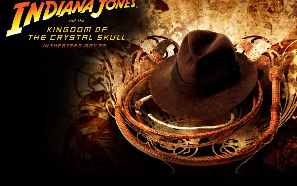 HD desktop wallpaper featuring Indiana Jones' iconic hat and whip, promoting the movie Indiana Jones and the Kingdom of the Crystal Skull.