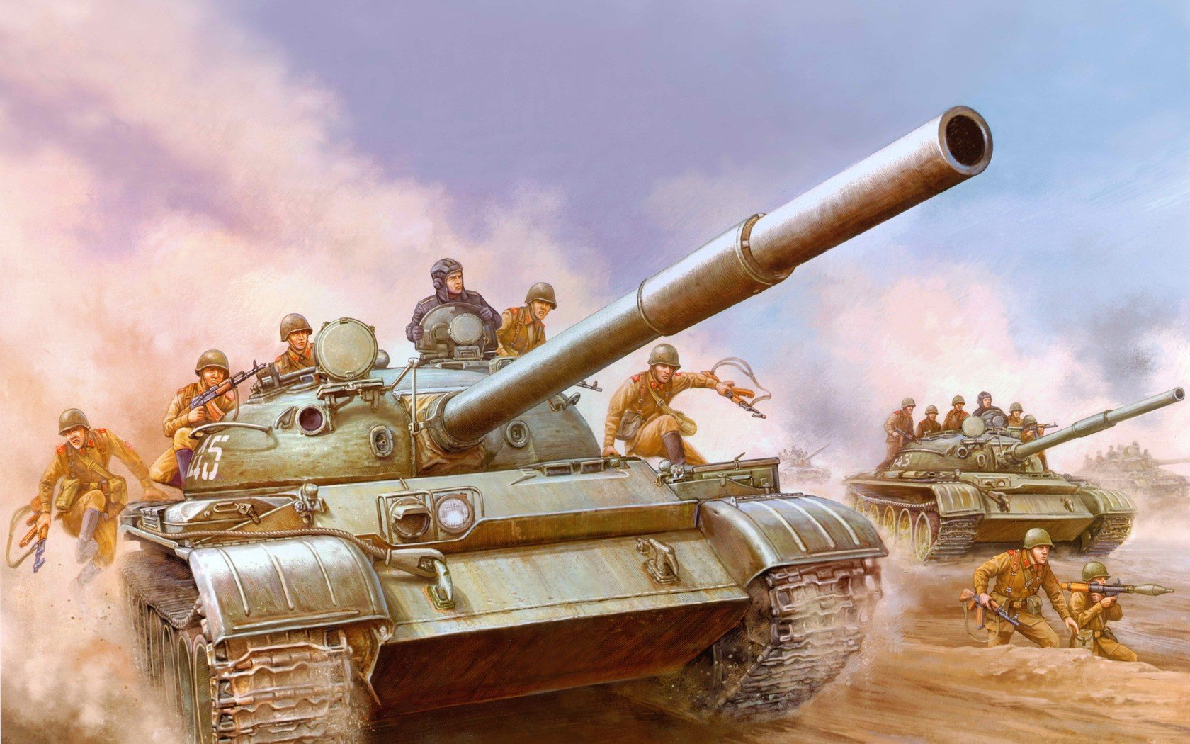 HD desktop wallpaper of T-62 military tanks with soldiers advancing through a dusty battlefield under a cloudy sky.