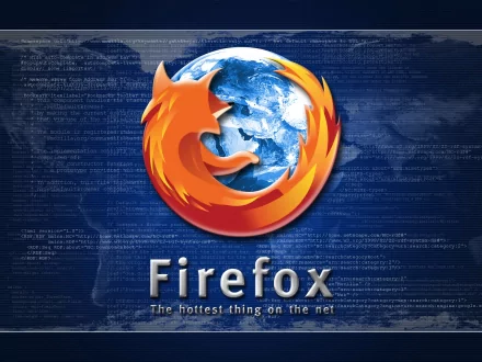 A vibrant HD desktop wallpaper featuring the Firefox logo, showcasing a fiery fox encircling the globe against a blue, tech-themed background.
