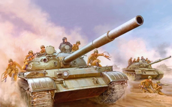 HD desktop wallpaper of T-62 military tanks with soldiers advancing through a dusty battlefield under a cloudy sky.