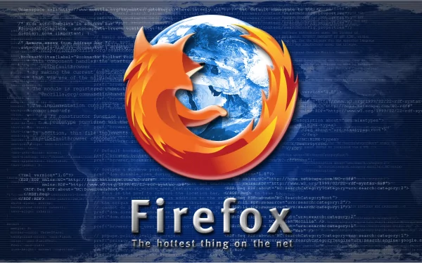A vibrant HD desktop wallpaper featuring the Firefox logo, showcasing a fiery fox encircling the globe against a blue, tech-themed background.
