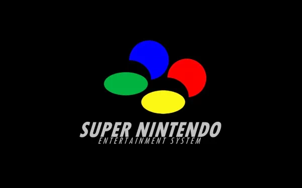 HD desktop wallpaper featuring the iconic Super Nintendo logo with colored buttons on a black background, celebrating classic video game aesthetics.