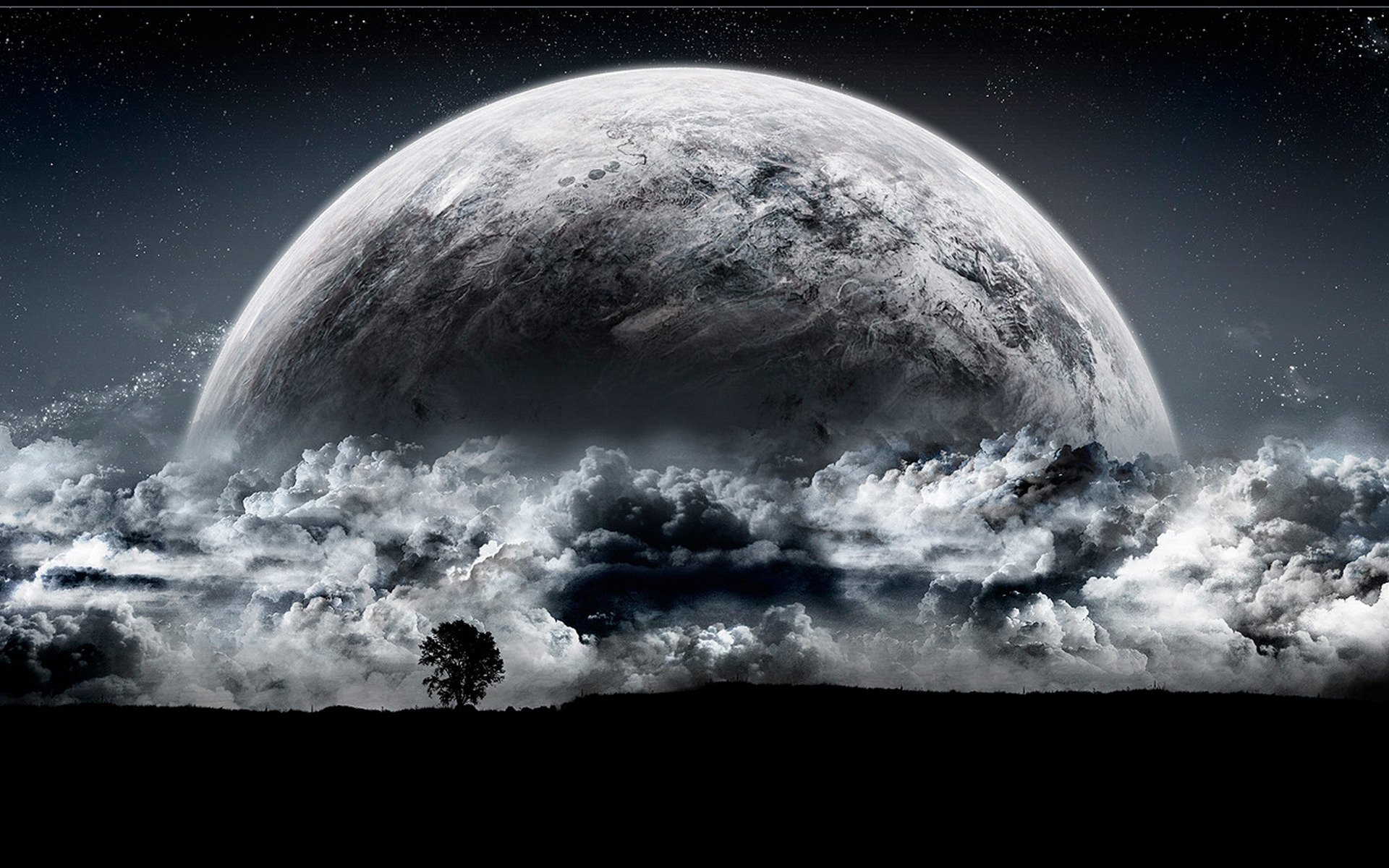 HD sci-fi desktop wallpaper showing a massive planet rising above thick clouds with a lone tree silhouette in the foreground against a starry night sky.