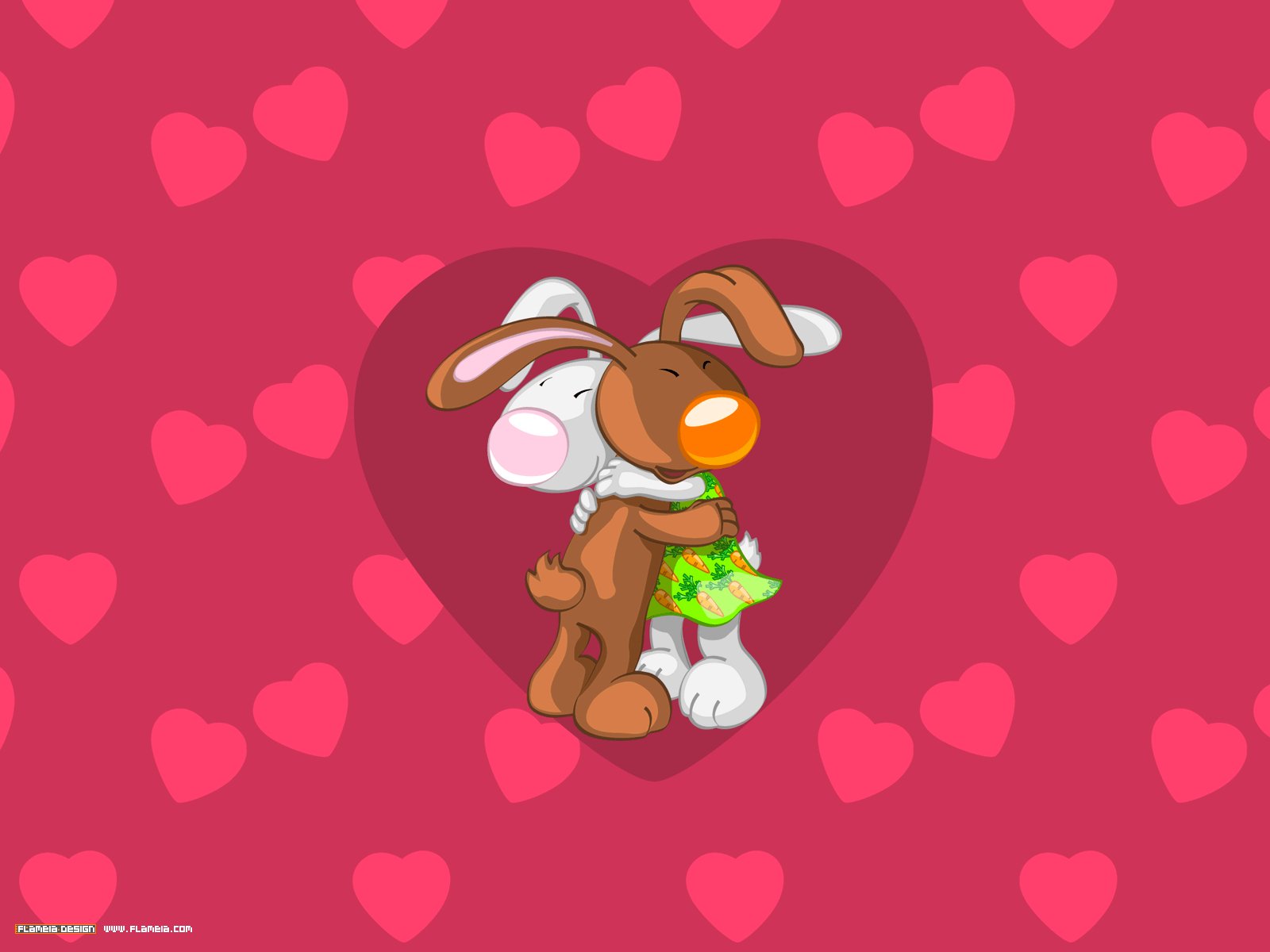 A vibrant HD desktop wallpaper featuring two cute cartoon characters embracing against a pink heart background adorned with smaller hearts, evoking themes of love and affection.