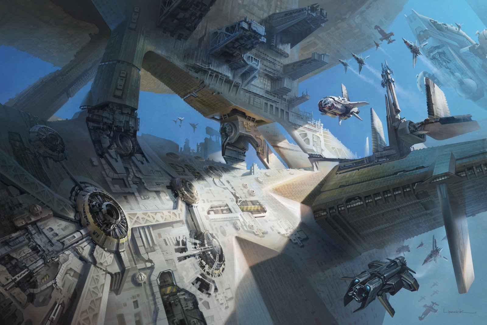 HD sci-fi desktop wallpaper depicting a detailed spaceship docking scene in a futuristic spaceport with various spacecraft and towering structures.
