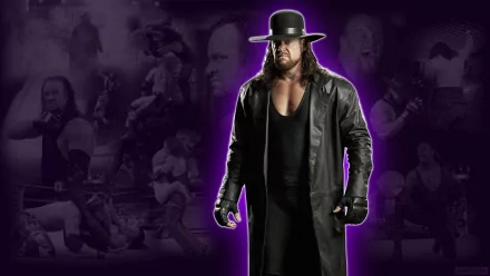 HD desktop wallpaper featuring a WWE wrestler in a black coat and hat, with a purple background and various wrestling action scenes in the backdrop.