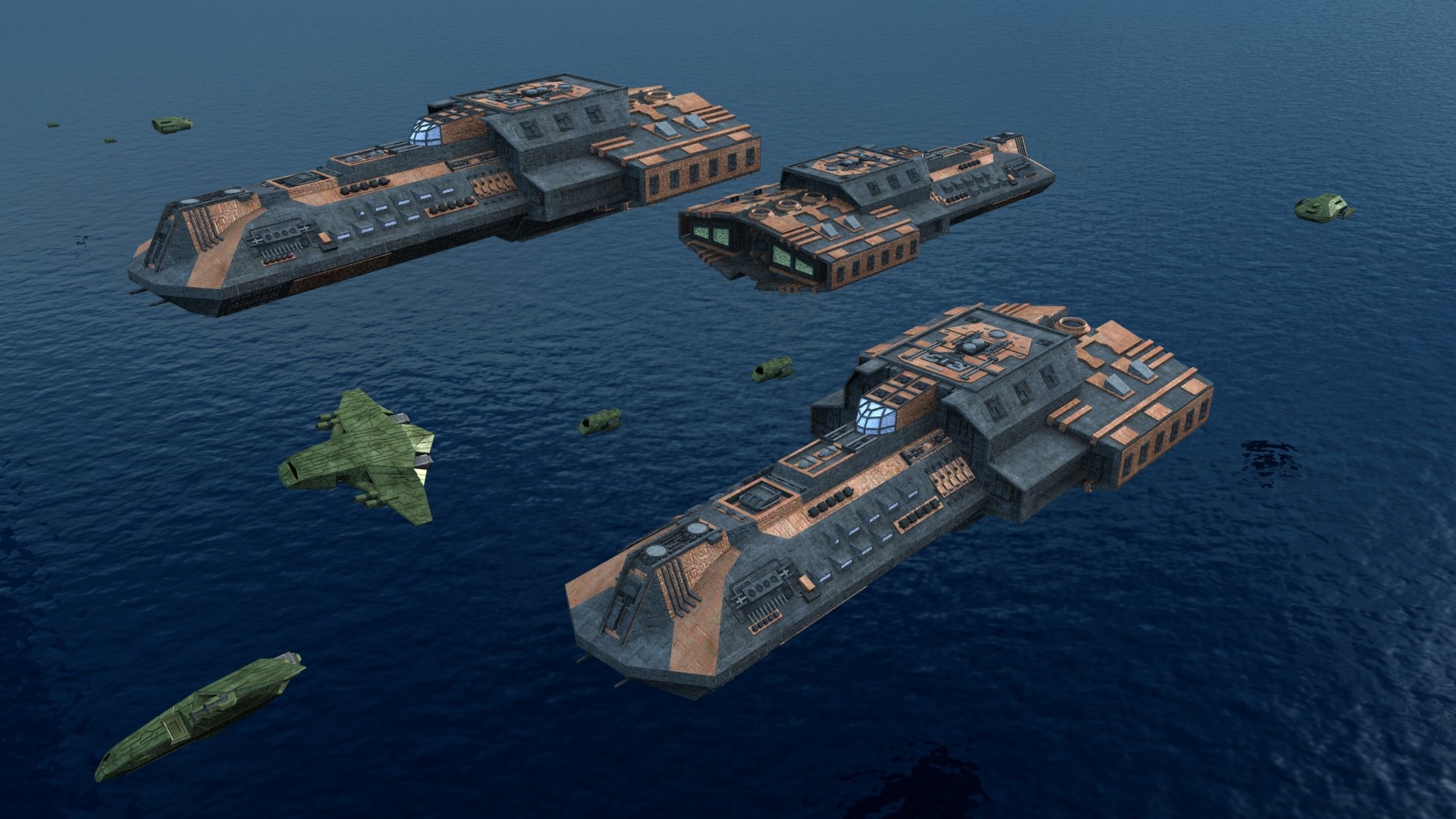 HD PC desktop wallpaper from the TV show Stargate SG-1: three armored starships cruising over a deep blue ocean with smaller escort craft nearby.