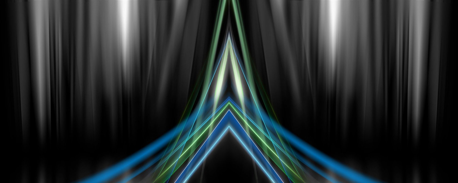 Abstract artistic design featuring symmetrical layered light beams in blue, green, and white hues against a smooth black background, created as an HD PC desktop wallpaper.