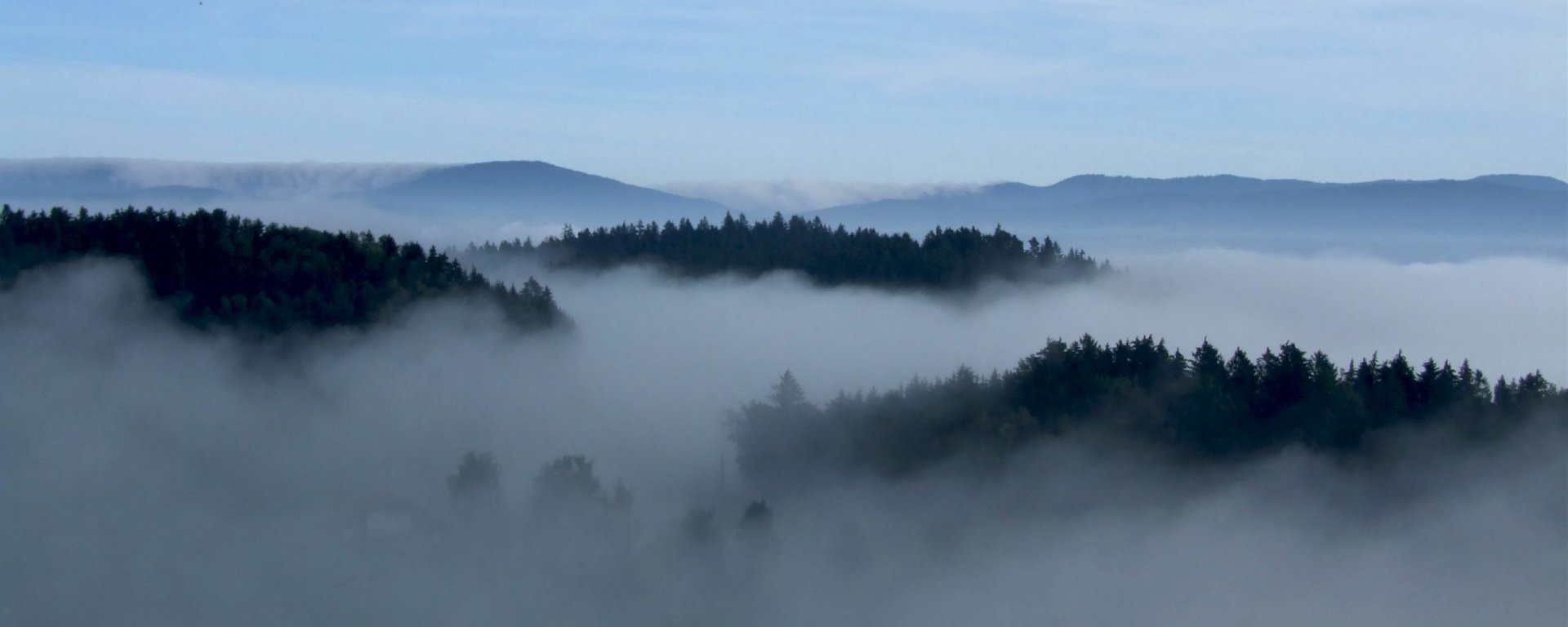 HD desktop wallpaper showing a serene nature scene with dense fog enveloping forested hills under a calm blue sky.