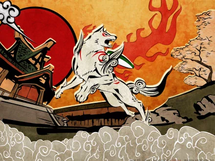 HD PC desktop wallpaper of Amaterasu from the video game Ōkami: celestial white wolf with red markings and flaming solar disk leaps before a red sun, temple and cherry blossoms in ink-wash style.