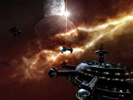 HD PC desktop wallpaper from the video game Terran Conflict showing spaceships and a large space station drifting before a glowing nebula and distant moon.