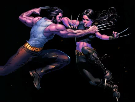 HD desktop wallpaper of X-23 and Wolverine, iconic superheroes from the X-Men comics, in an intense combat scene. The image showcases their dynamic action against a dark background.
