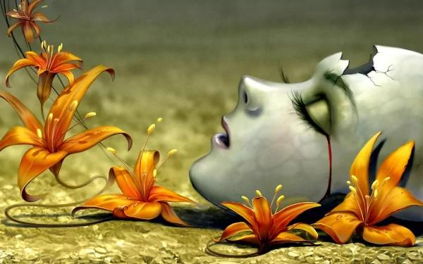 An abstract artistic depiction featuring a serene face surrounded by vibrant orange flowers, creating a dreamlike atmosphere. This HD wallpaper adds a unique touch to any desktop background.