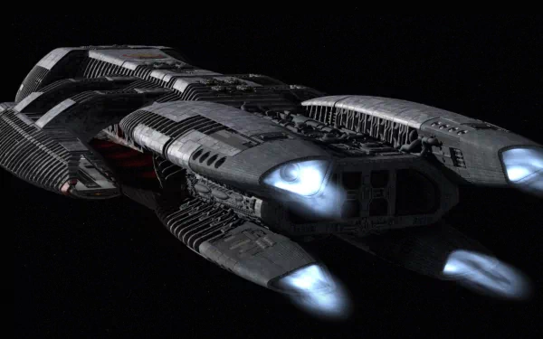 HD desktop wallpaper featuring a detailed spaceship from the 2003 TV show Battlestar Galactica, highlighting its futuristic design against a black space background.