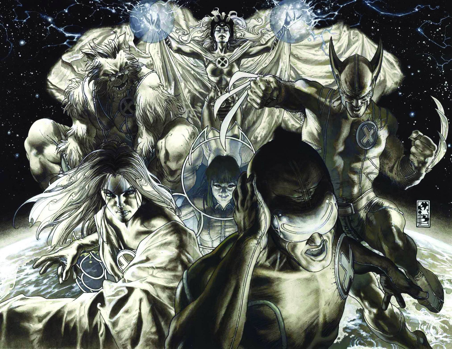 HD desktop wallpaper featuring Marvel Comics' X-Men characters Beast, Cyclops, and Wolverine in dynamic, action-packed poses against a cosmic background.