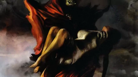 A dramatic comic-inspired HD wallpaper featuring Spawn, shrouded in dark hues, holding a figure in a captivating and intense pose against a moody background.