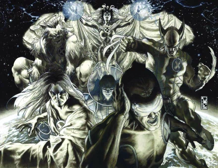 HD desktop wallpaper featuring Marvel Comics' X-Men characters Beast, Cyclops, and Wolverine in dynamic, action-packed poses against a cosmic background.