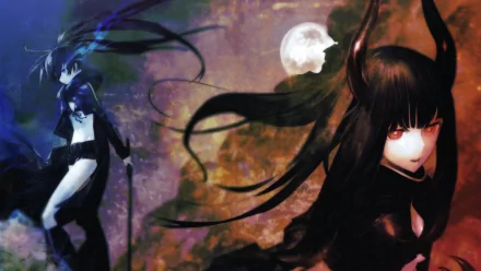 HD PC desktop wallpaper featuring Black Gold Saw from the anime Black Rock Shooter with a dark, moody backdrop and a glowing moon.