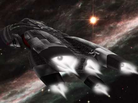 HD PC desktop wallpaper featuring a spaceship from the TV show Battlestar Galactica (2003) flying through space with engines glowing against a starry background.