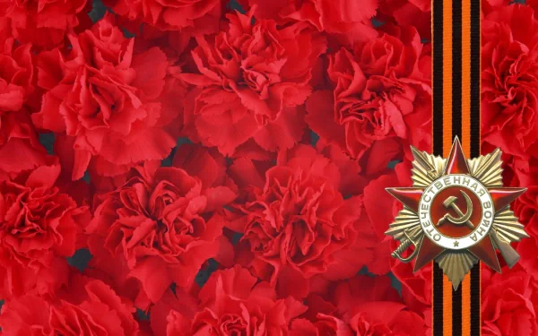 HD desktop wallpaper featuring red carnations and the Russian Army medal with a black and orange Saint George ribbon.