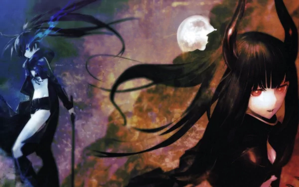 HD PC desktop wallpaper featuring Black Gold Saw from the anime Black Rock Shooter with a dark, moody backdrop and a glowing moon.