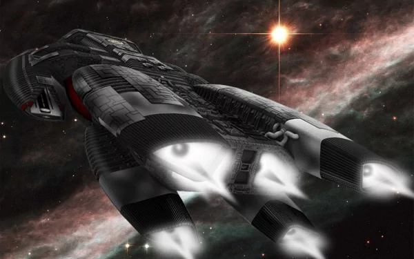 HD PC desktop wallpaper featuring a spaceship from the TV show Battlestar Galactica (2003) flying through space with engines glowing against a starry background.