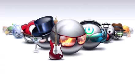 A row of funny, smiley 3D spheres with various accessories, including a top hat, guitar, and martini glass, set against a clean white background as an HD PC desktop wallpaper.
