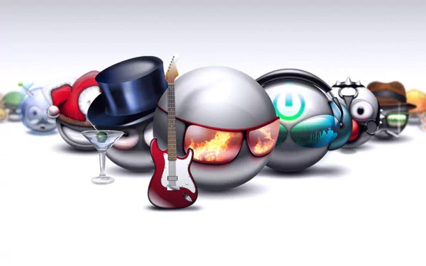 A row of funny, smiley 3D spheres with various accessories, including a top hat, guitar, and martini glass, set against a clean white background as an HD PC desktop wallpaper.