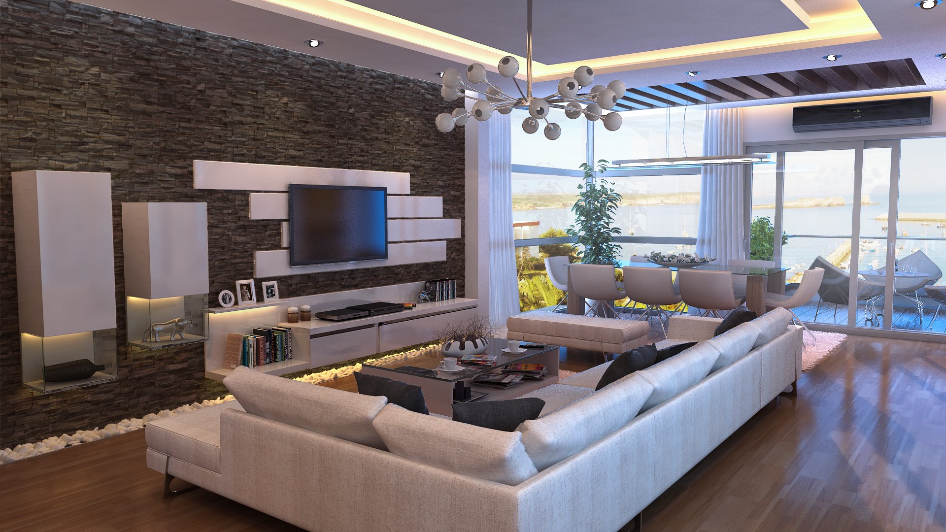 Modern living room featuring a stylish white sectional, sleek furnishings, and large windows with a scenic view. This HD PC desktop wallpaper showcases contemporary design elements.